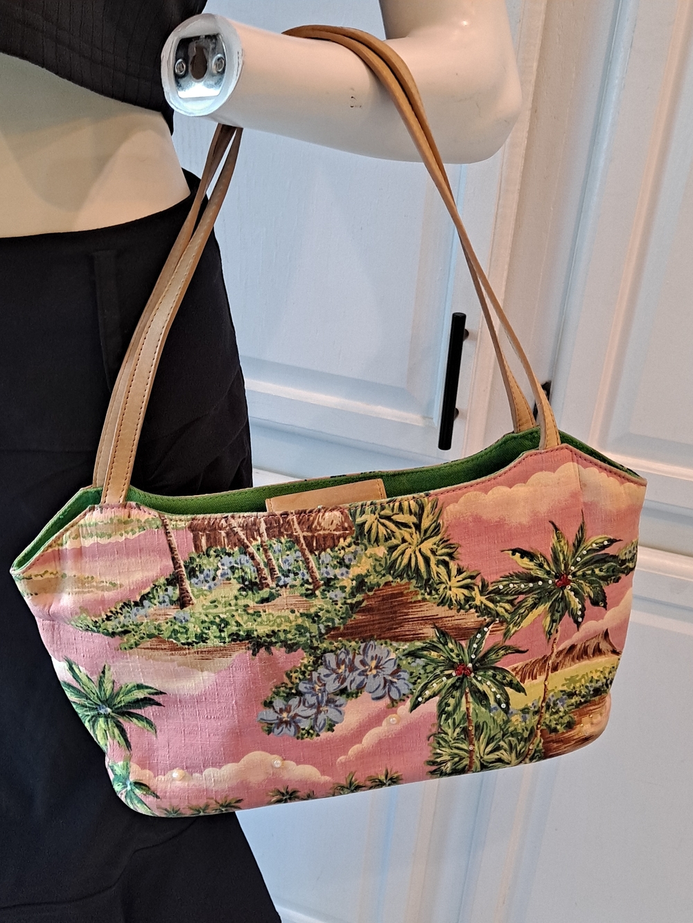 Fossil Forever Vintage 90s Pink Tropical Print Shoulder Bag W/Tan Leather Straps - Picture 13 of 13